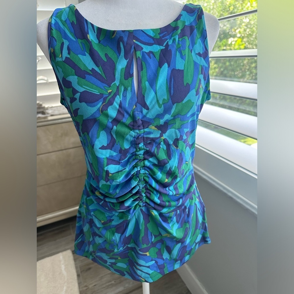 Worth, Sleeveless Top, Gathered in Front and Back, Green/Blue Print, Size S